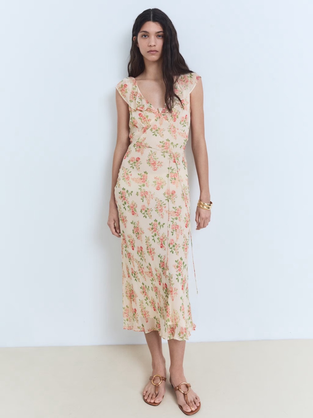 Mango Cream Floral Midi Dress with bow NWT